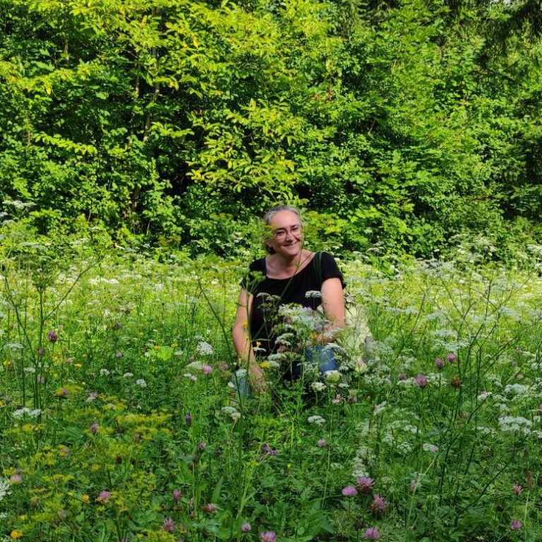 Eine Frau sitzt in einem blühenden Feld mit grünen Pflanzen im Hintergrund.